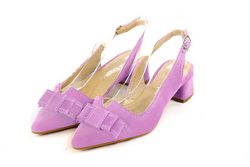 Mauve purple women's open back shoes, with a knot. Tapered toe. Low flare heels. Front view - Florence KOOIJMAN
